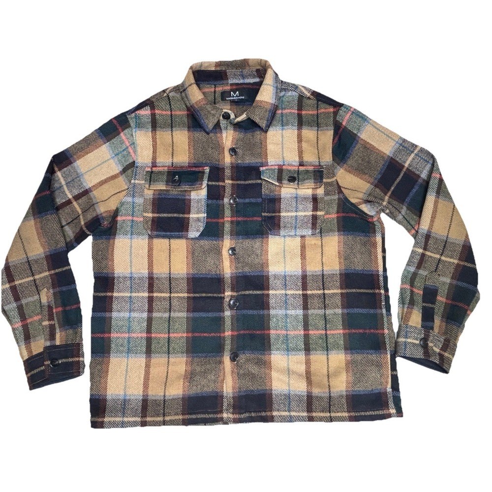 Magaschoni Plaid Flannel Shacket Tan Navy‎ Green Wool Blend Size Large Button